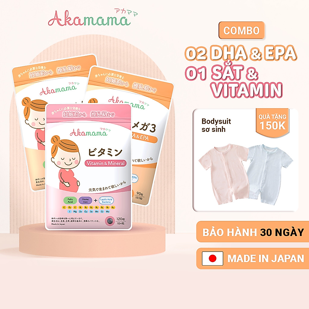 [QUÀ 150K] Combo 2 DHA + 1 Sắt & Vitamin Tổng Hợp cho bà bầu Akamama, Nhật Bản