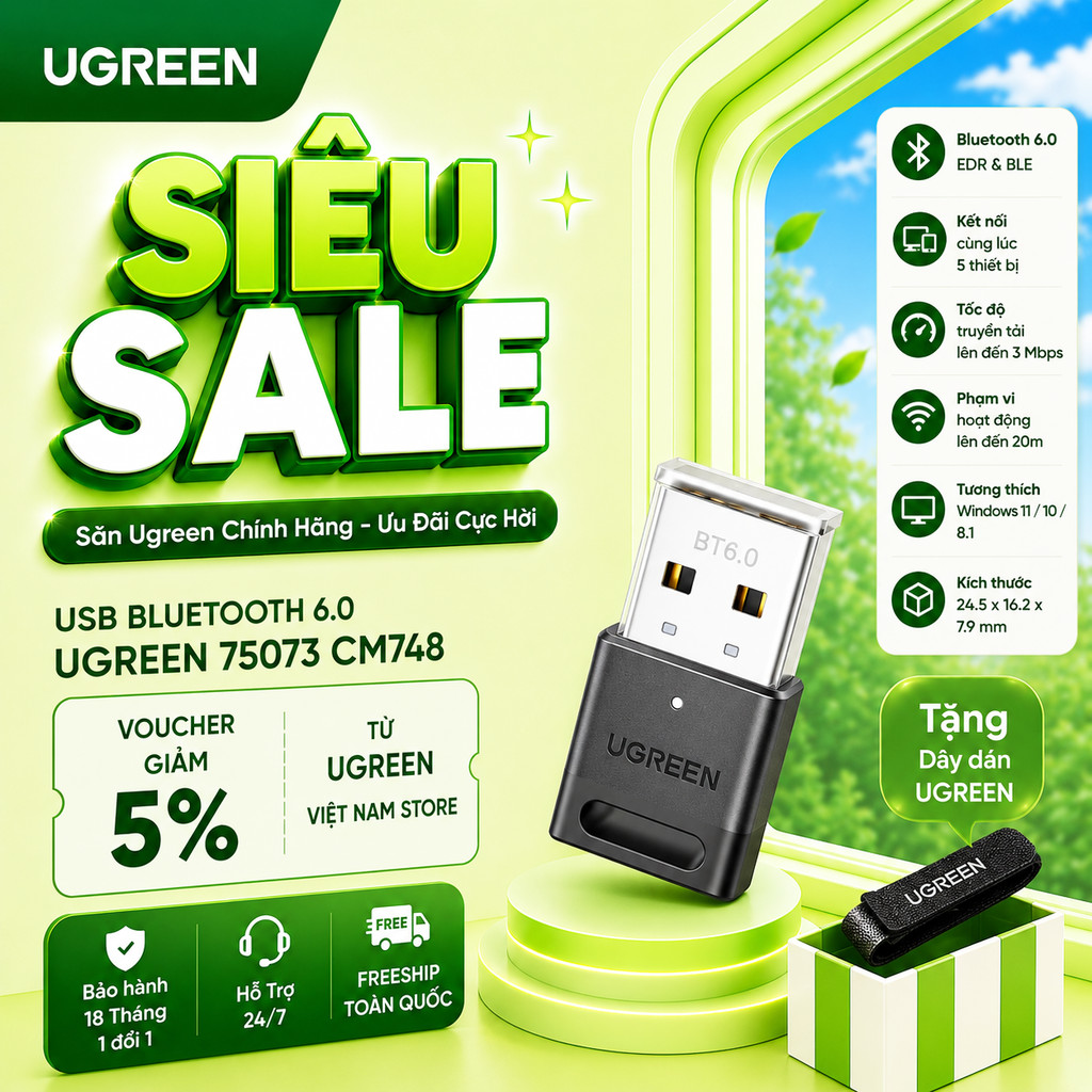 USB Bluetooth 5.0 5.3 5.4 6.0 Ugreen CM748 CM106 CM591 CM390, Dùng cho PC / Laptop | BH 18 Tháng