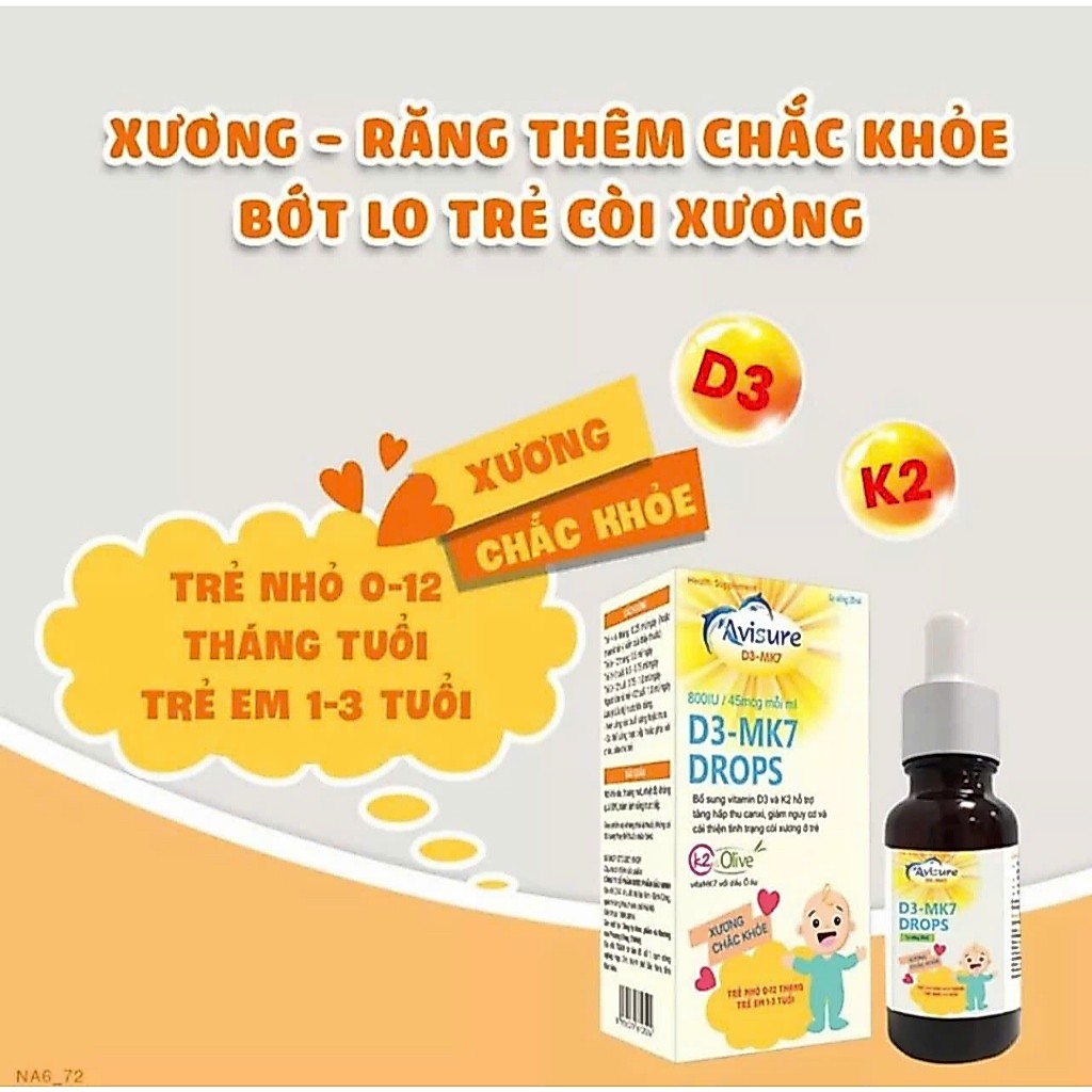 AVISURE Vitamin D3 K2 tinh khiết Italia Avisure D3MK7 giúp bé cao lớn, ngủ ngon 30ml
