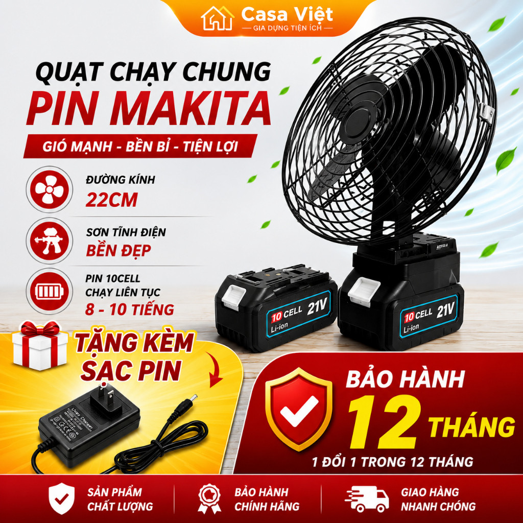Quạt Pin Sạc MAKITA 8 Inch 10cell, 20cell, 30cell, Quạt Để Bàn Dung Tích Lớn, Hiệu Suất Làm Mát Tốt