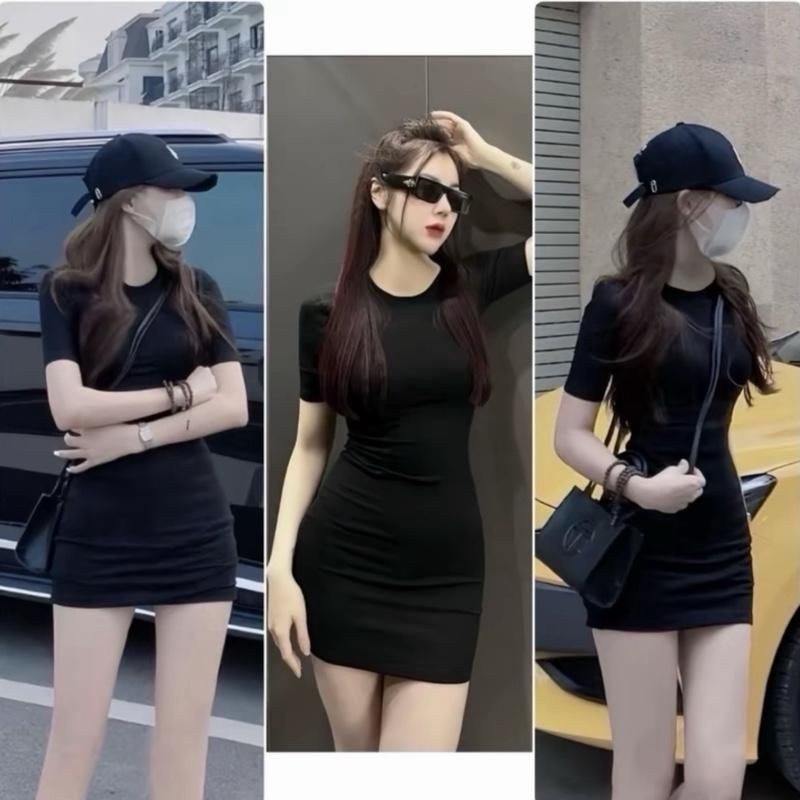 [B44] Đầm Váy đen ôm body tôn dáng sexy chất thun tăm co dãn, Đầm suông dáng ngắn cá tính