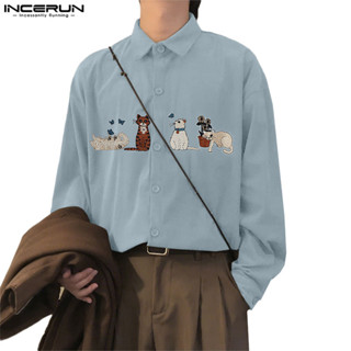  INCERUN Nam Hàn Quốc Áo Sơ Mi Dài Tay Thêu In Hình Động Vật 