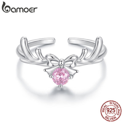 Bamoer Nhẫn Giáng sinh Bạc 925 Hình nơ và nai, Dây điều chỉnh, Quà tặng nữ
