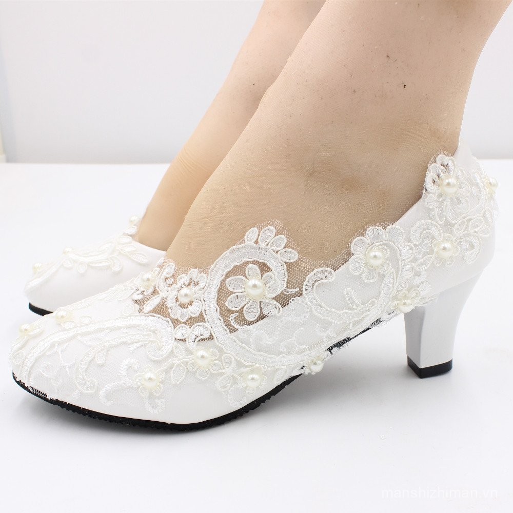 Sản phẩm mới Hot Ren Giày cưới cao gót Giày cô dâu màu trắng Cung cấp giày phù dâu mũi thấp [Cung cấ