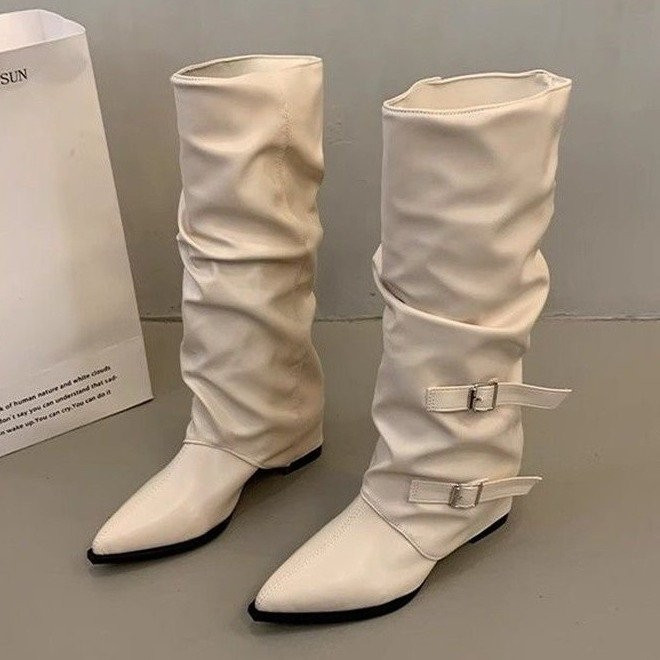 Retro Mũi Nhọn Giày Bốt Gót Dày PU Thu Đông Phong Cách Mới Màu Trơn Đơn Giản Sang Trọng Mặc Ngoài Chống Trơn Trượt Chống Mài Mòn Ống Cao Tay Giày Bốt Yếu Tố