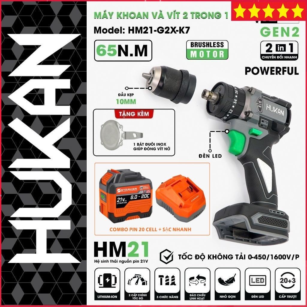 Máy khoan pin kèm bắn vít HUKAN HM21-G2C-K7, Không Chổi Than, Chuyên khoan tường, khoan sắt, gỗ, bắt