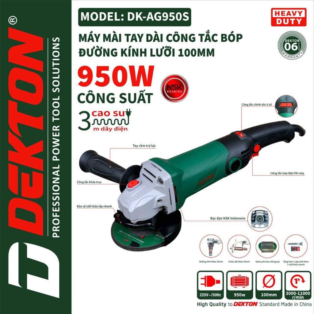 Máy mài cầm tay DEKTON DK-AG950S, Công suất 950W, Công tắc bóp, 6 Tốc độ