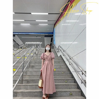 {Hannie-Oder}Váy Liền Màu Hồng Tay Phồng Cổ Chữ V Váy Chữ A Chít Eo Mẫu Mới Mùa Hè Cho Nữ Váy Dài Nhẹ Nhàng Thiết Kế Xếp