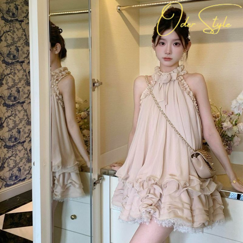 {Oder}Váy Babydoll Ngắn Cổ Yếm Thiết Kế Bèo Nhún Kiểu Mới Ngọt Ngào Phong Cách Bánh Bèo Dễ Thương