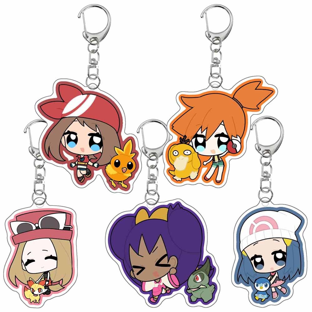 Pokemon Anime Cartoon Acrylic Key Chain Dawn Misty May Iris Serena Piplup Psyduck Torchic Fennekin A