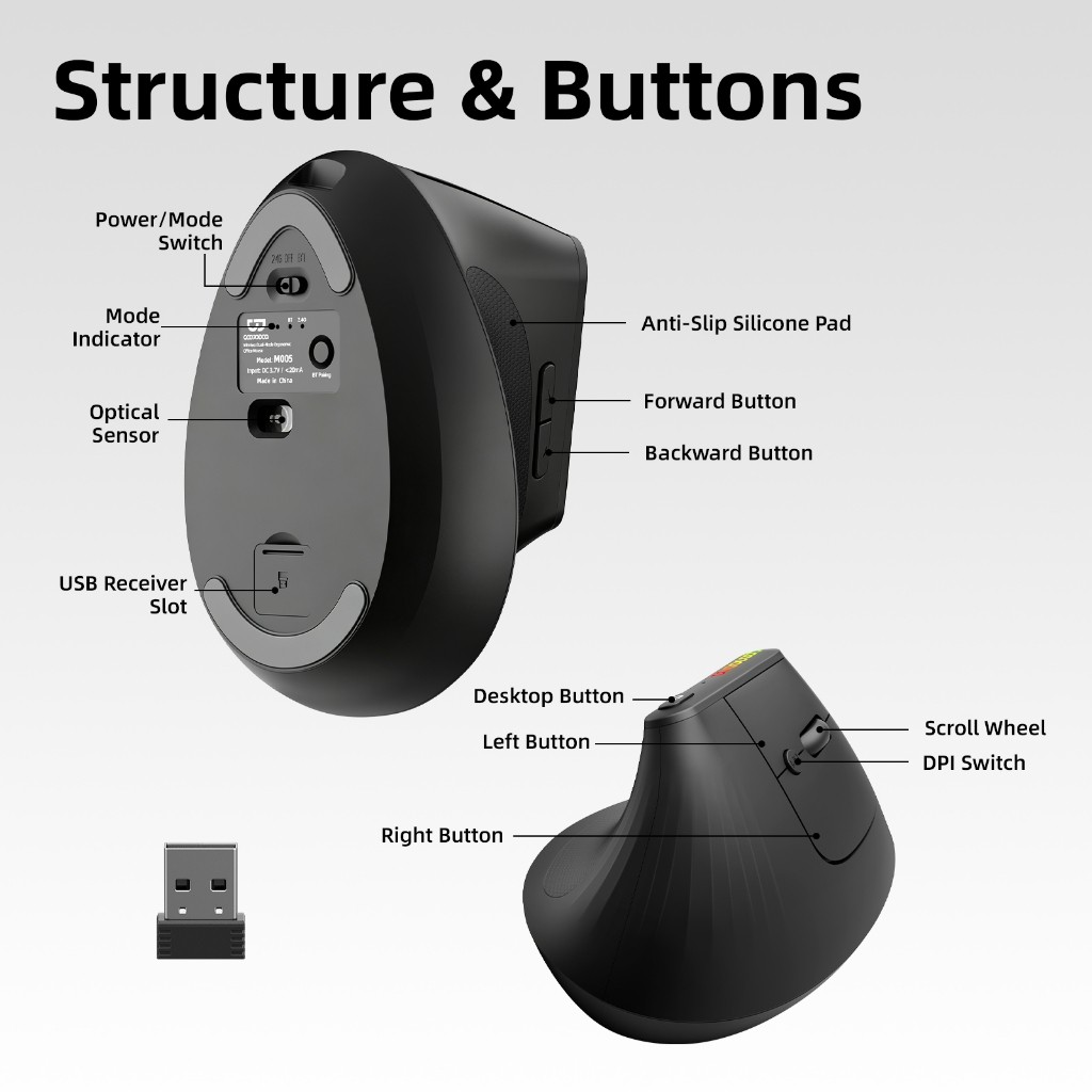 GOOJODOQ Chuột dọc không dây , tiện dụng, 2 chế độ, 2.4G + BT5.0, 4 DPI Lên tới 3200, Nút chuyển tiếp / lùi / để bàn | BigBuy360 - bigbuy360.vn