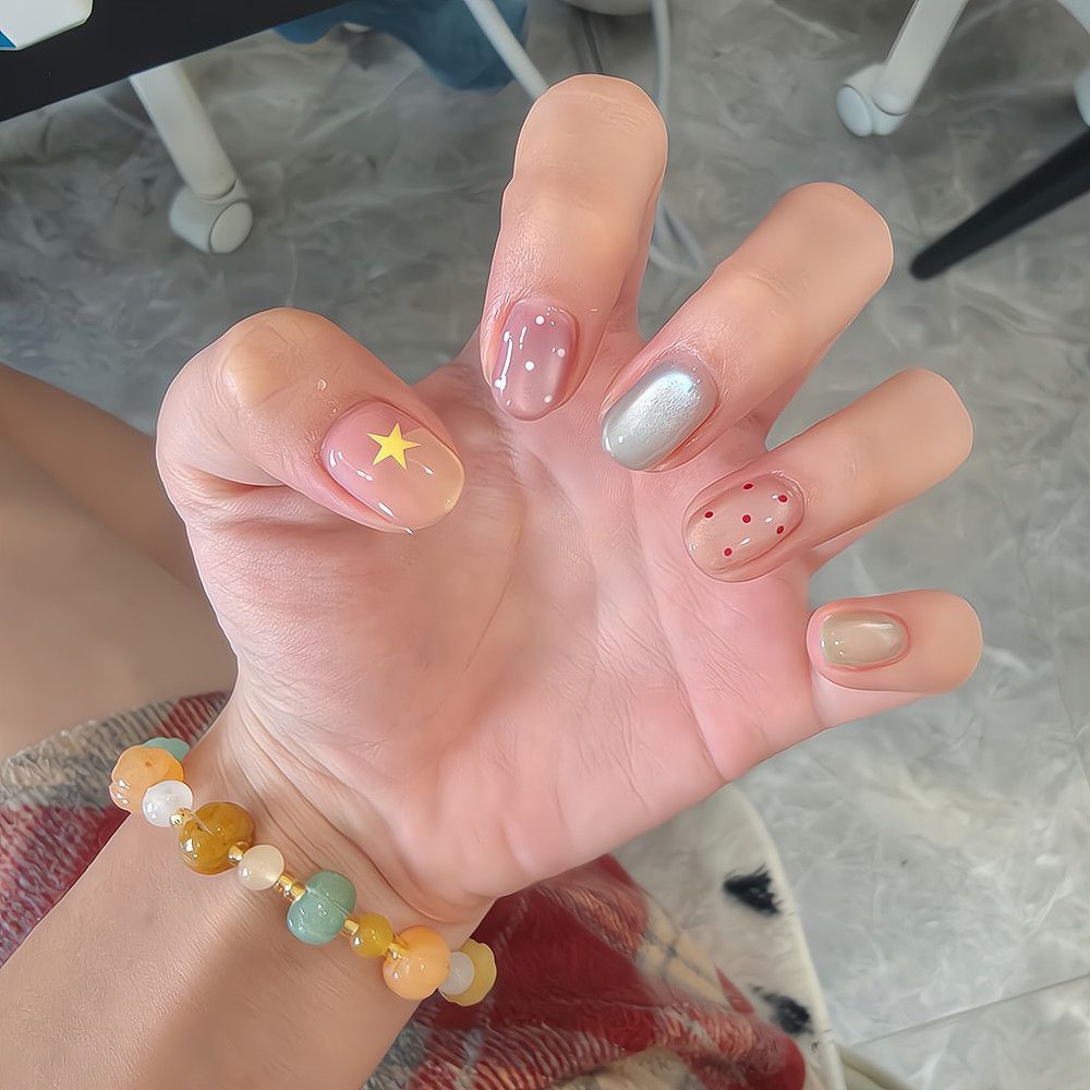 ✨Cửa hàng được đề xuất✨Vitality Girl Style Dot Dot Cartoon Lemon Yellow Star Nail Nail Nail Short Vi