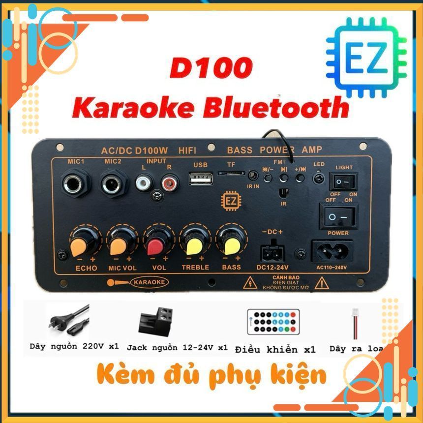 Mạch loa D100 hát Karaoke Bluetooth 5.0 - 300W, có cổng cắm mạch mic không dây, 12V/24V/220V (Tặng k