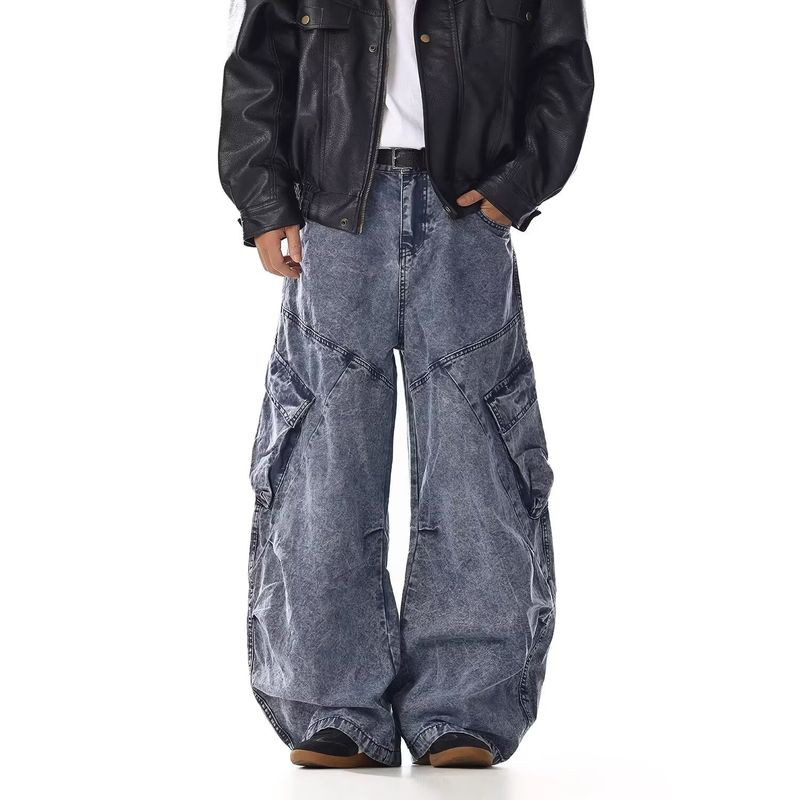 American Retro Heavy Industry Washed and Distressed Cargo Jeans Multi-Pocket Design Sense