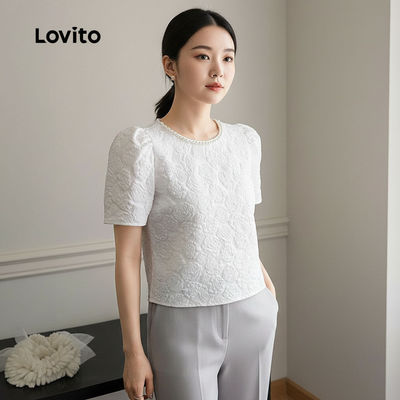 Lovito thanh lịch Áo sơ mi trắng Jacquard ngọc trai mềm mại thoải mái mùa xuân hè L137ED806