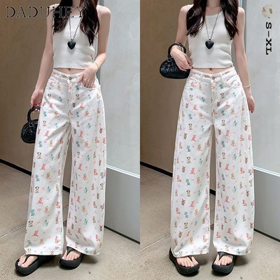 DaDuHey 2026 New American Cartoon Printed Wide-Leg Pants for Women Cute Loose Slimming Casual Pants