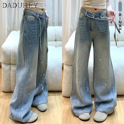 DaDuHey 2026 New Diamond Light Blue Jeans Korean Style High Waist Loose Wide Leg Pants