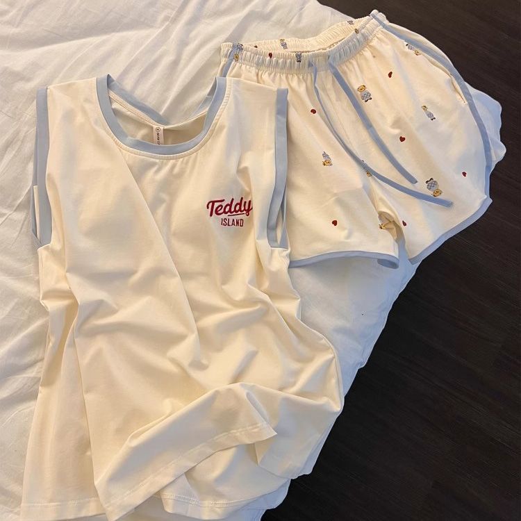[-Order]-Bộ đồ mặc nhà nữ mùa hè 2026: Áo in chữ đơn giản KHÔNG có đệm ngực và quần short mẫu mới KO