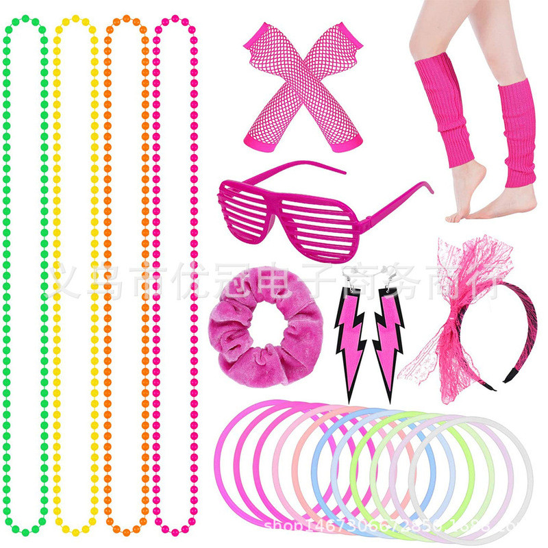 80s Prom Đảng Hoa Hồng Đỏ Fishnet Găng Tay Ren Nơ Đầu Cầu Vòng Cổ Vòng Tay Tóc Bộ