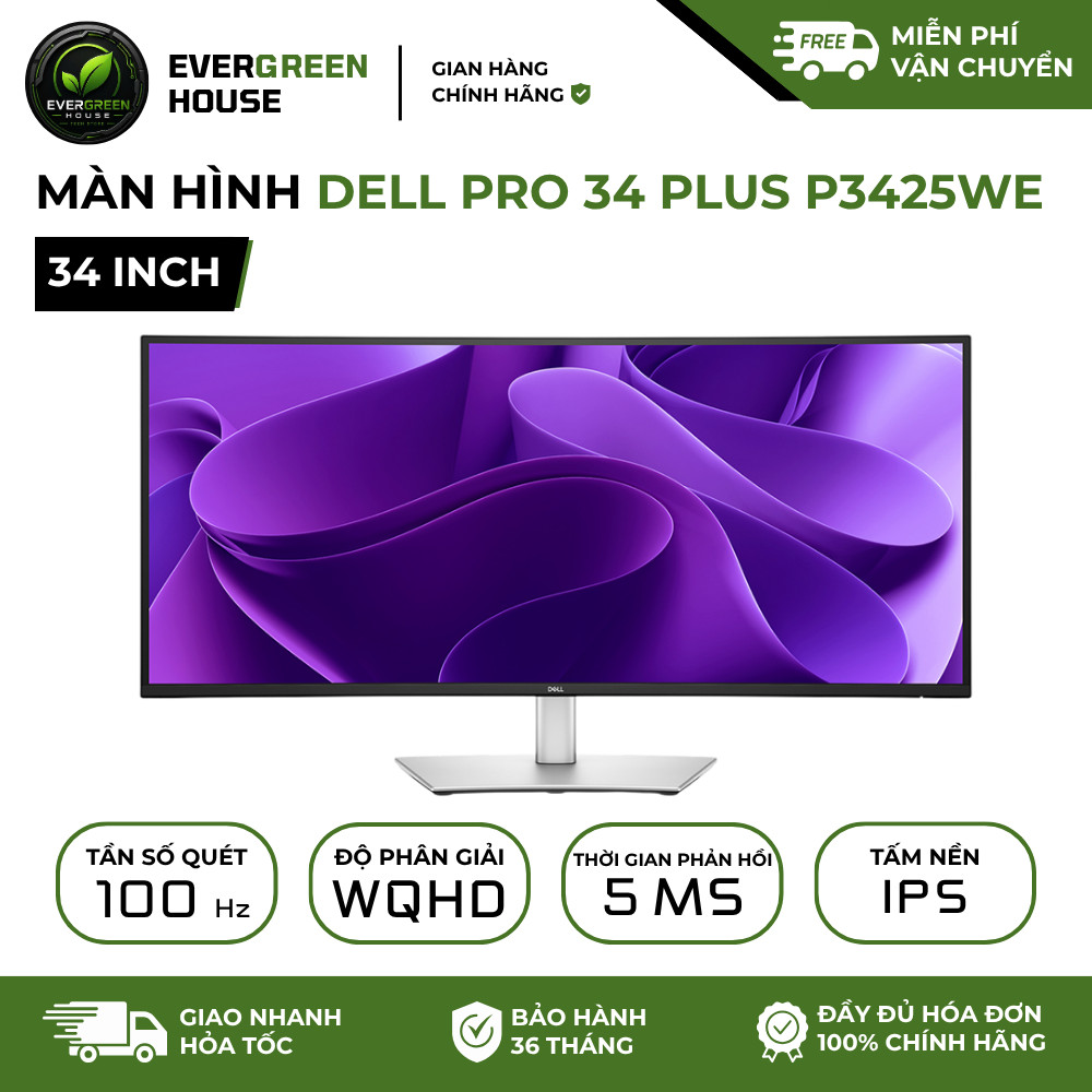 [Full VAT] Màn Hình Dell Pro 34 Plus USB-C Hub P3425WE 34.1 Inch Cong UltraWide WQHD IPS 100Hz