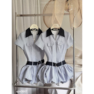 Váy Đầm Cộc Tay Cổ Đức Khoá Kéo Mix Cv Boom, Váy Đầm Sọc Kẻ Mix Chân Váy Dáng Ngắn Bí Kèm Đai Zinna