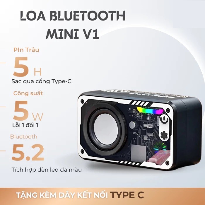 Loa Bluetooth mini Ustyle V1 hiện đại nghe nhạc tiện lợi, ánh sáng RGB, chất lượng âm thanh vượt trội