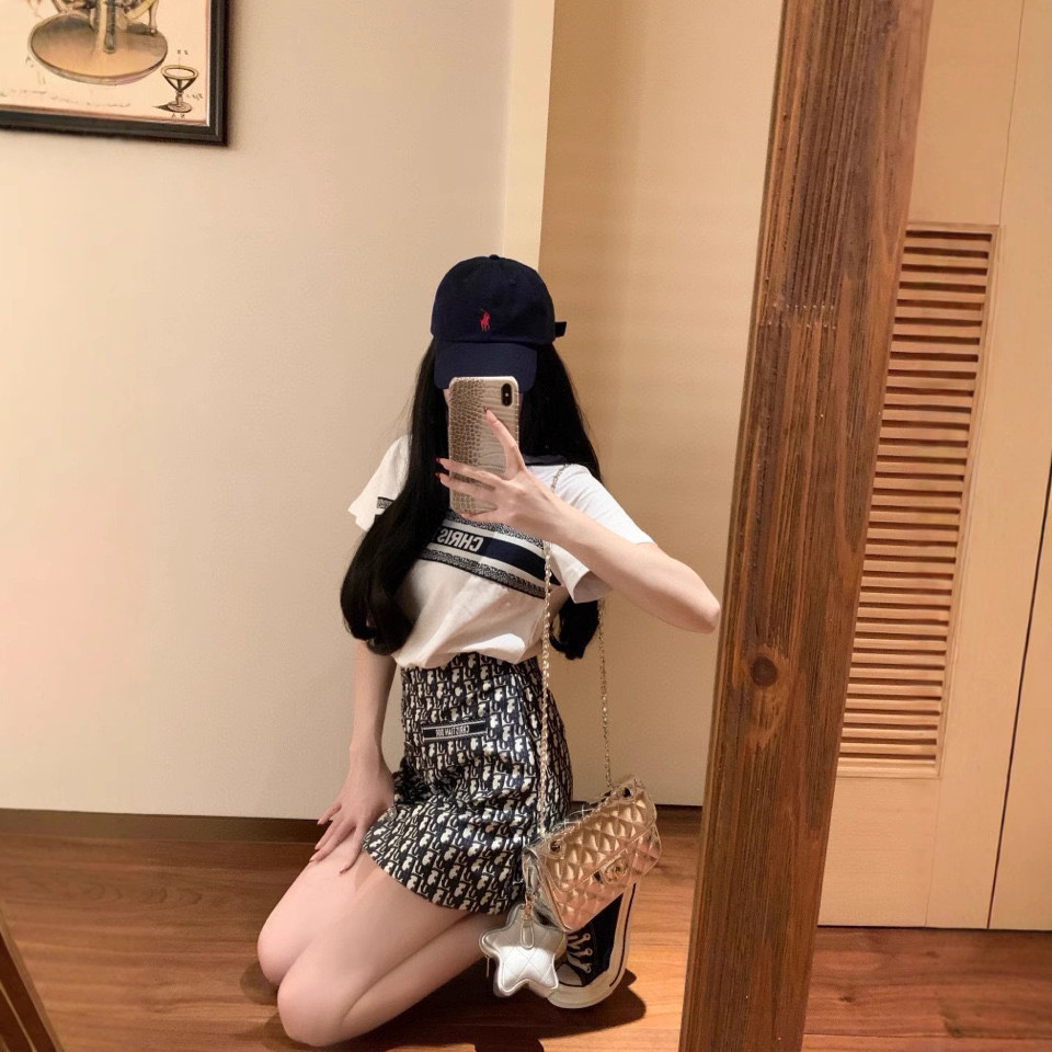 TYA2 DI*CD Letter Elastic Short Sleeve T Custom Jacquard Monogram Short Skirt Set Slimming