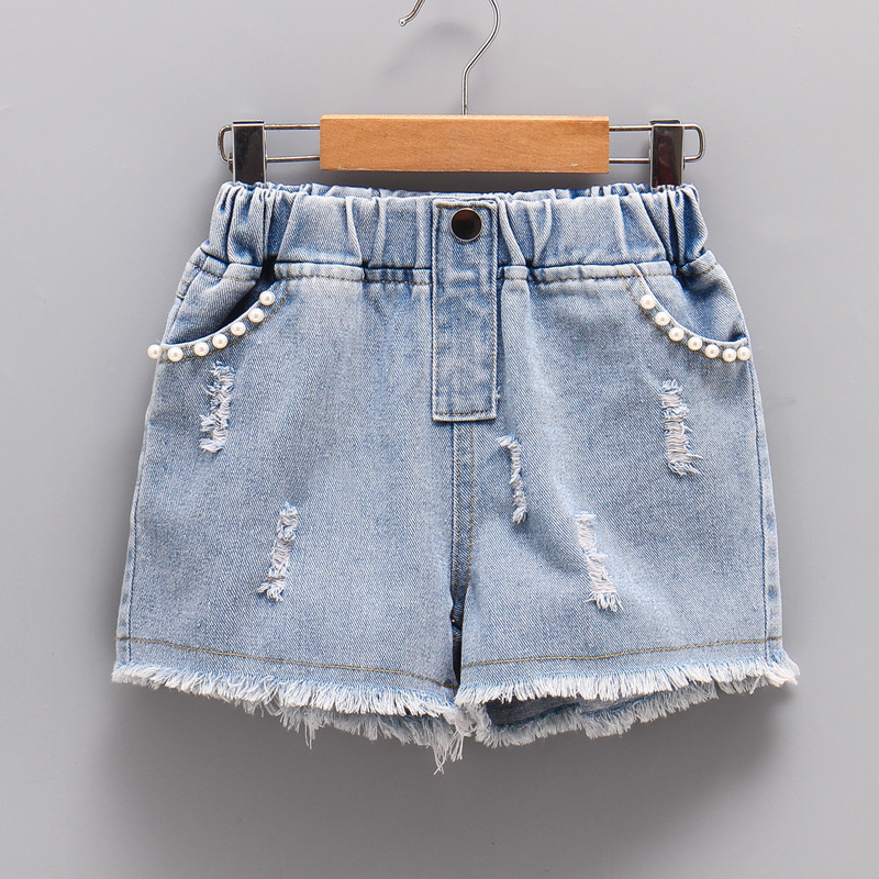 Quần Short Denim Bé Gái Mùa Hè Raw Edge 25 Phong Cách Mới Thời Trang Vừa Lớn Trẻ Em Rách Mùa Hè Mặc 