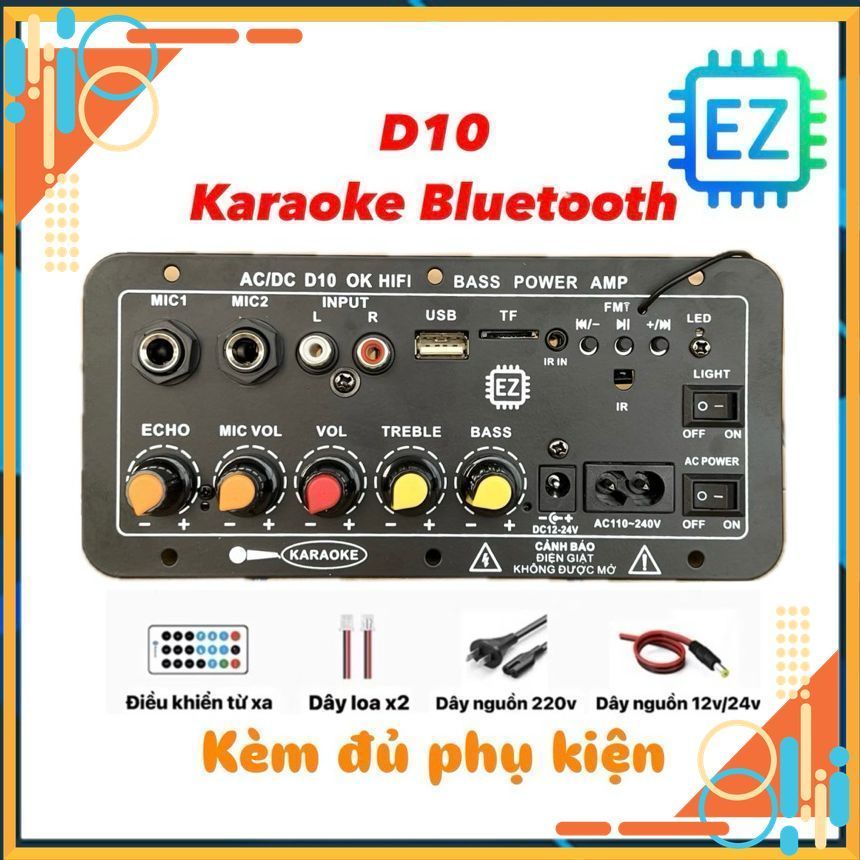 Bo mạch D10 khuyếch đại âm thanh, hát Karaoke Bluetooth, 12/24/220V đủ phụ kiện
