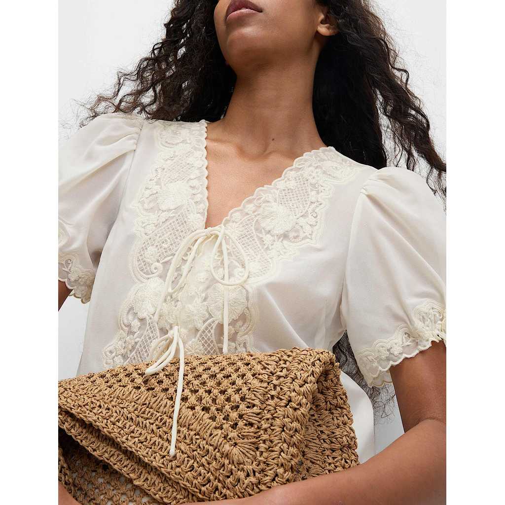 M&S - Women Tops - Lace Embroidered Tie Neck Blouse - IVORY