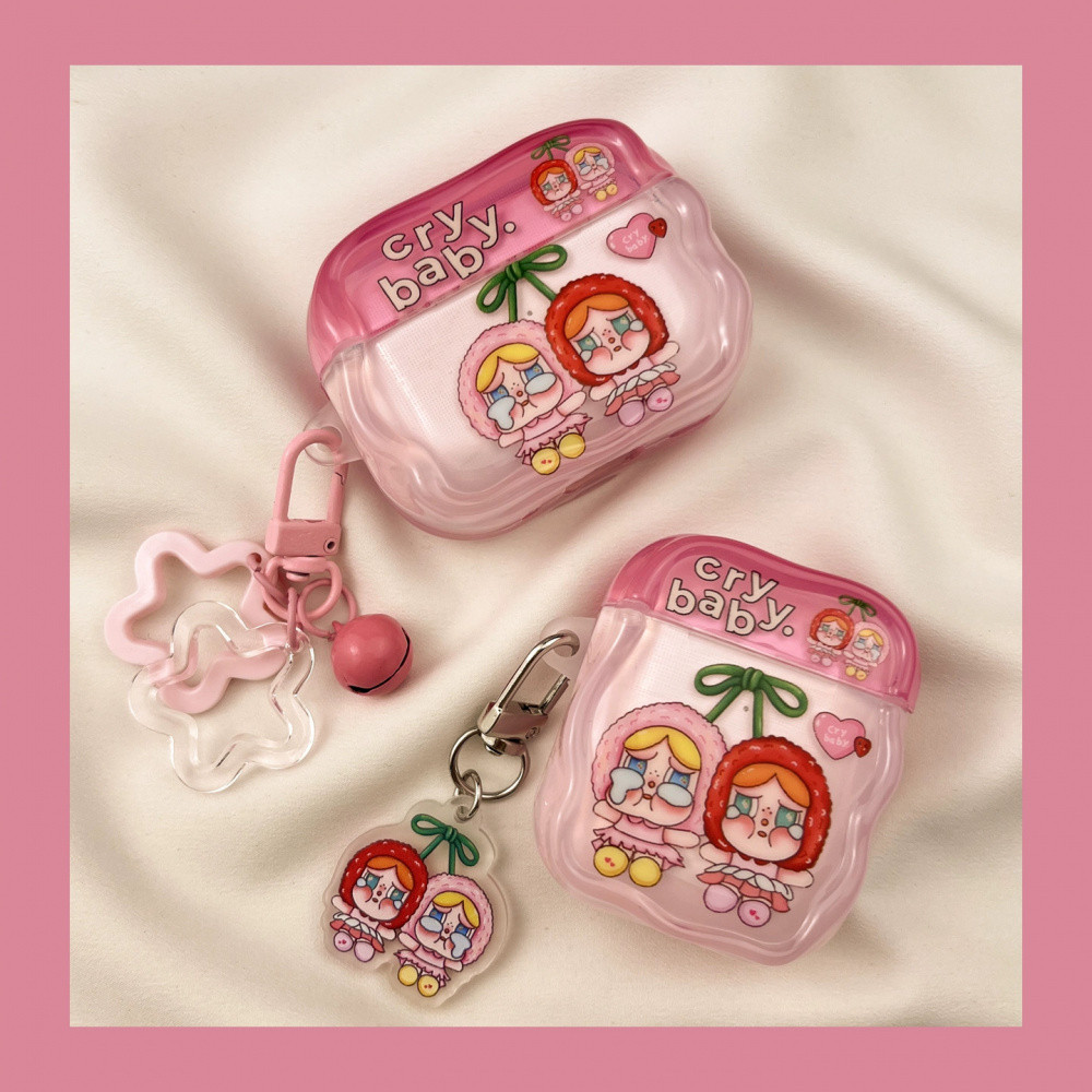 Vỏ tai nghe Graffiti Pink Love Heart Cherry Crybaby dễ thương có mặt dây chuyền Crybaby cho Airpods 