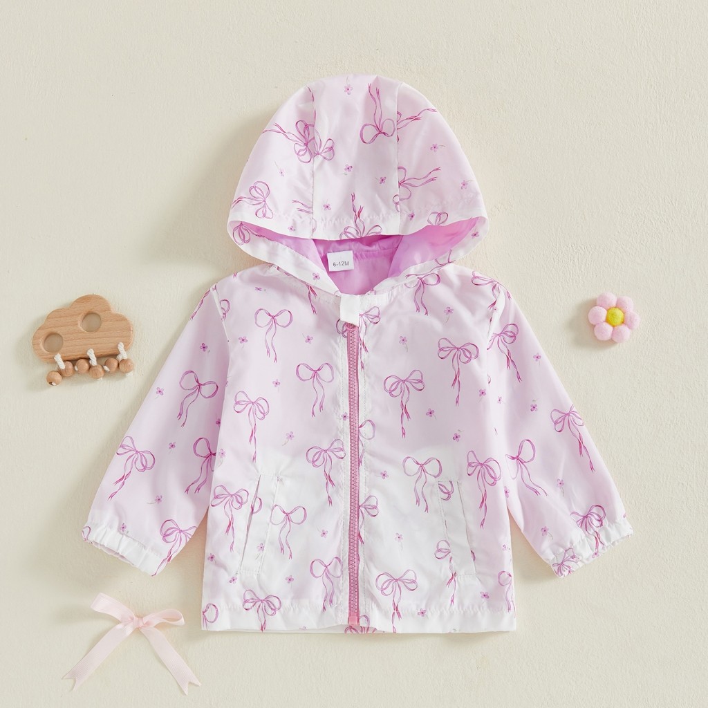 Drx-Kids Girls Jacket Bowknot Print Zipper-Up Hooded Long Sleeve Fall Outerwear