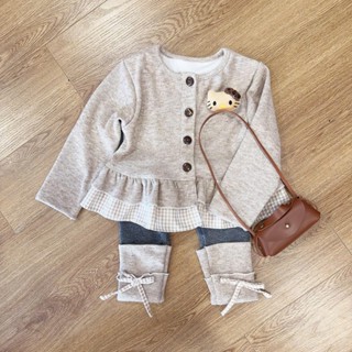  S55 - Set áo len be ghi phối quần legging nơ xinh dễ thương cho bé gái 