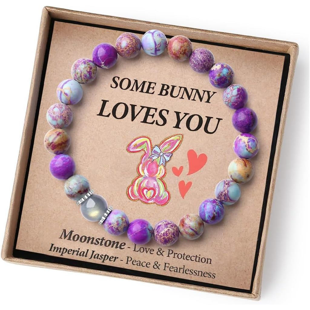 EasterBasketStuffers-HandmadeCrystalBraceletwithCuteBunnyCard / GiftBox-ElasticDesignforGirls / Boys