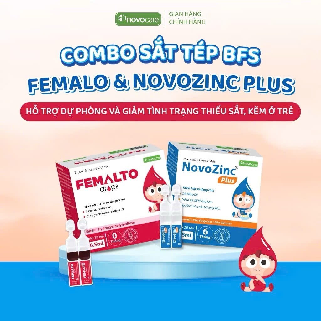 Combo sắt kẽm dạng tép BFS Novocare - Sắt Femalto + Kẽm NovoZinc Plus, Giúp bé ăn ngon, tăng đề khán