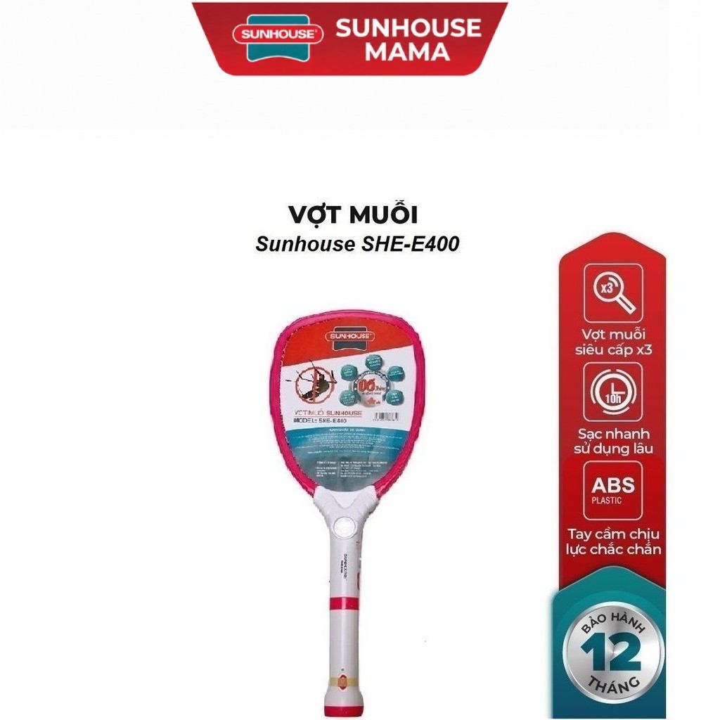 Vợt muỗi SUNHOUSE SHE-E400 ( hồng) SHE-1702 (Vàng ), Tích hợp đèn LED siêu sáng và đèn báo sạc, Thân