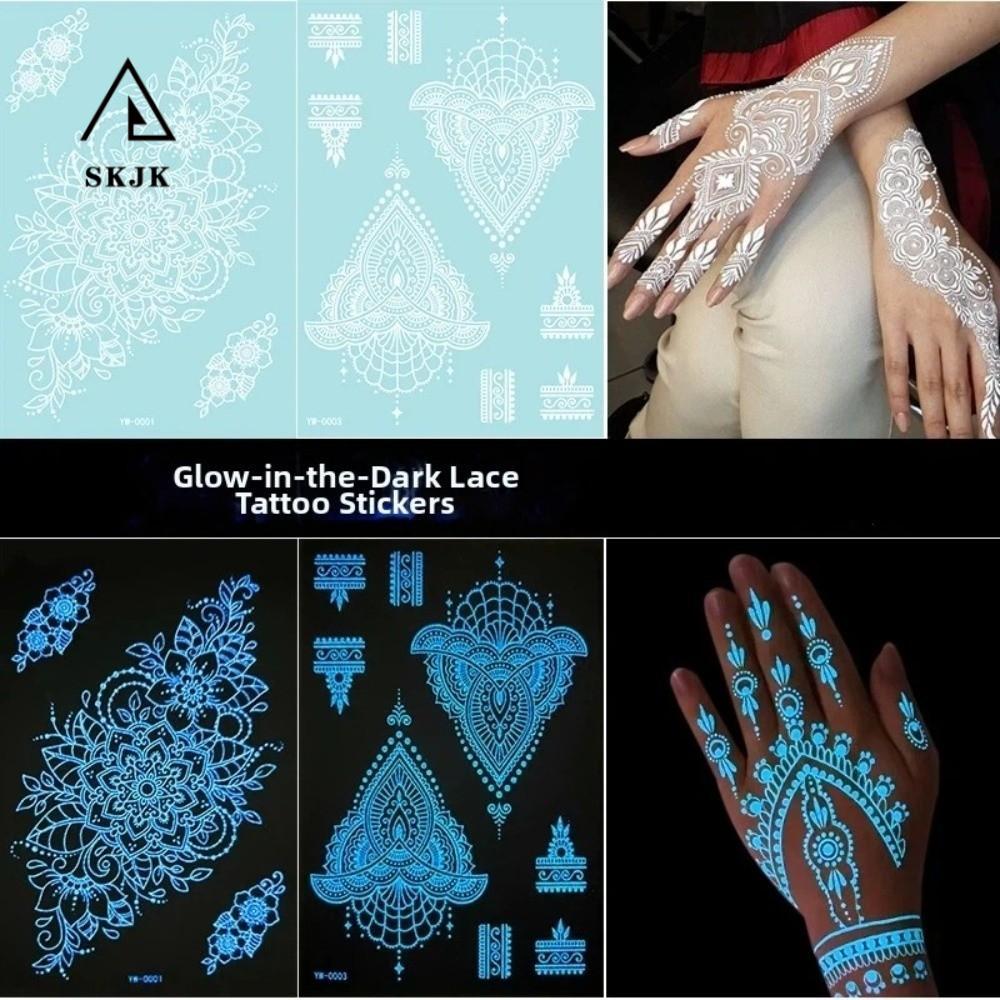 SKJK Dạ Quang Henna Hình Xăm Miếng Dán, Chân Cánh Tay Trắng Henna Hình Xăm Đề Can, Ren Henna Giả Hìn