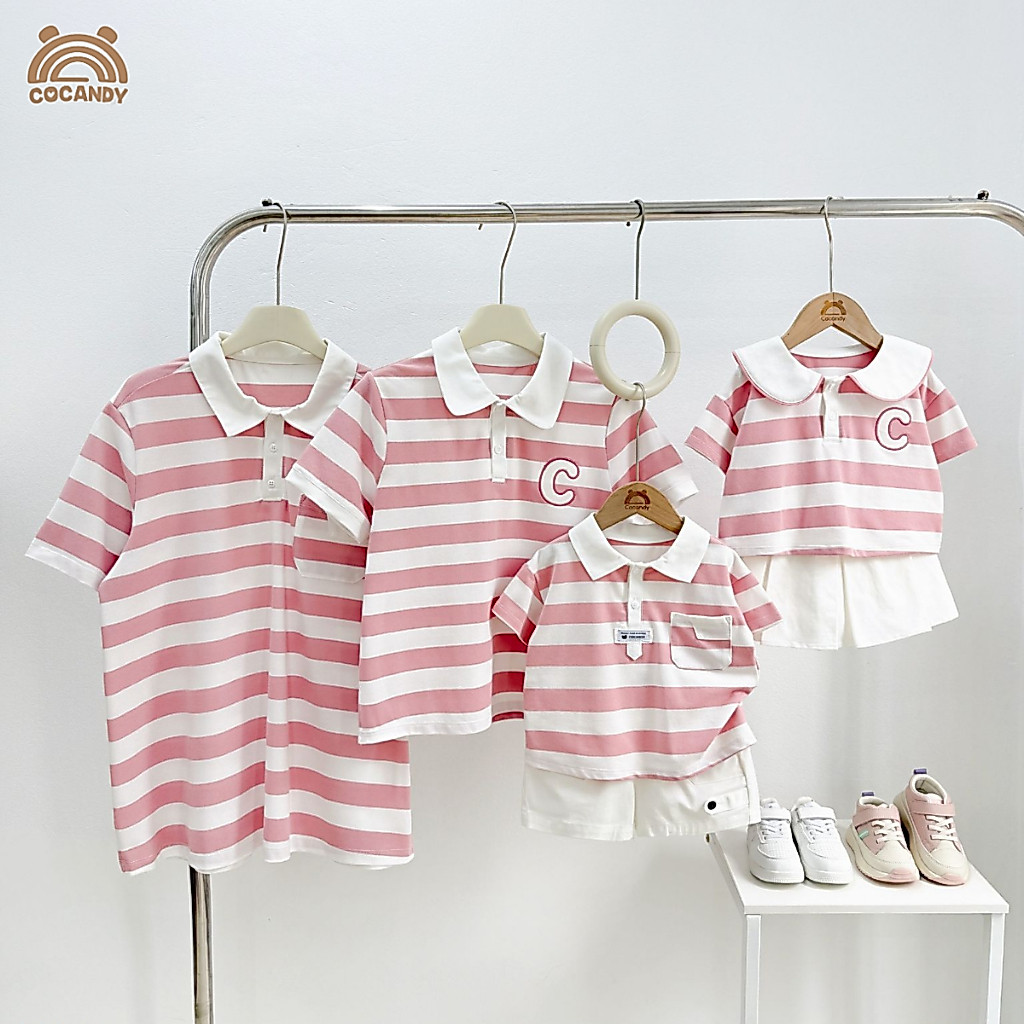 Set gia đình COCANDY -Áo cộc kẻ HỒNG polo phối đáp nẹp và Áo cộc kẻ HỒNG ngực chữ C A8051, A8061