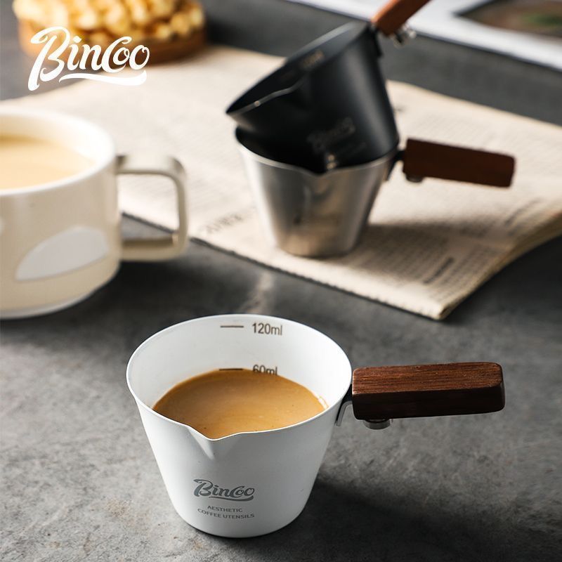 木柄咖啡量杯不锈意式浓缩带刻度小奶盅咖啡液萃取接液杯*Caffeine Wooden Handle Extraction Cup with Stainless Steel and Measuremen