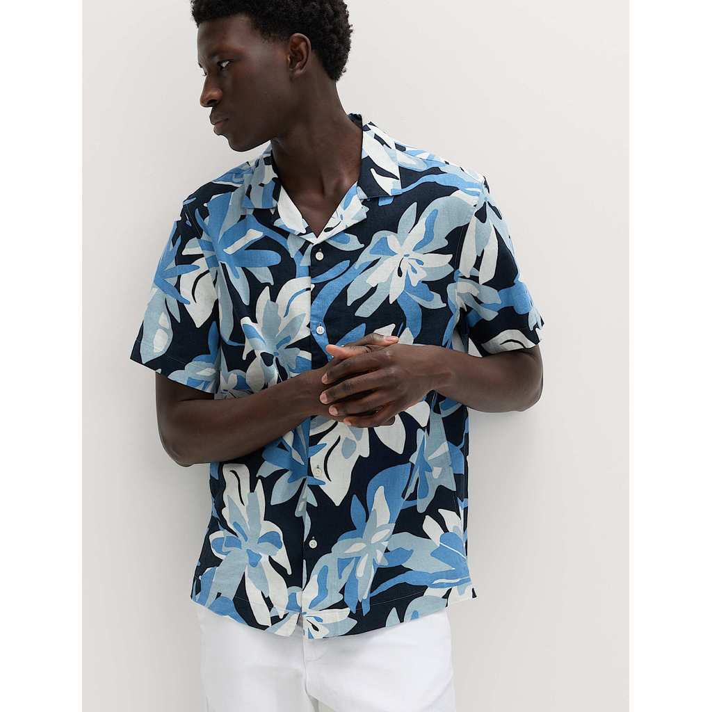 M&S - Men Shirts - Linen Rich Hawaiian Shirt - RUST MIX