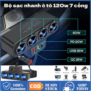 [COD/12H] 7 Cổng Bộ Sạc Usb Ô Tô 12/24v 120w Tẩu Sạc Nhanh Có Đèn Led Cho Iphone Ipad Gps Dashcam