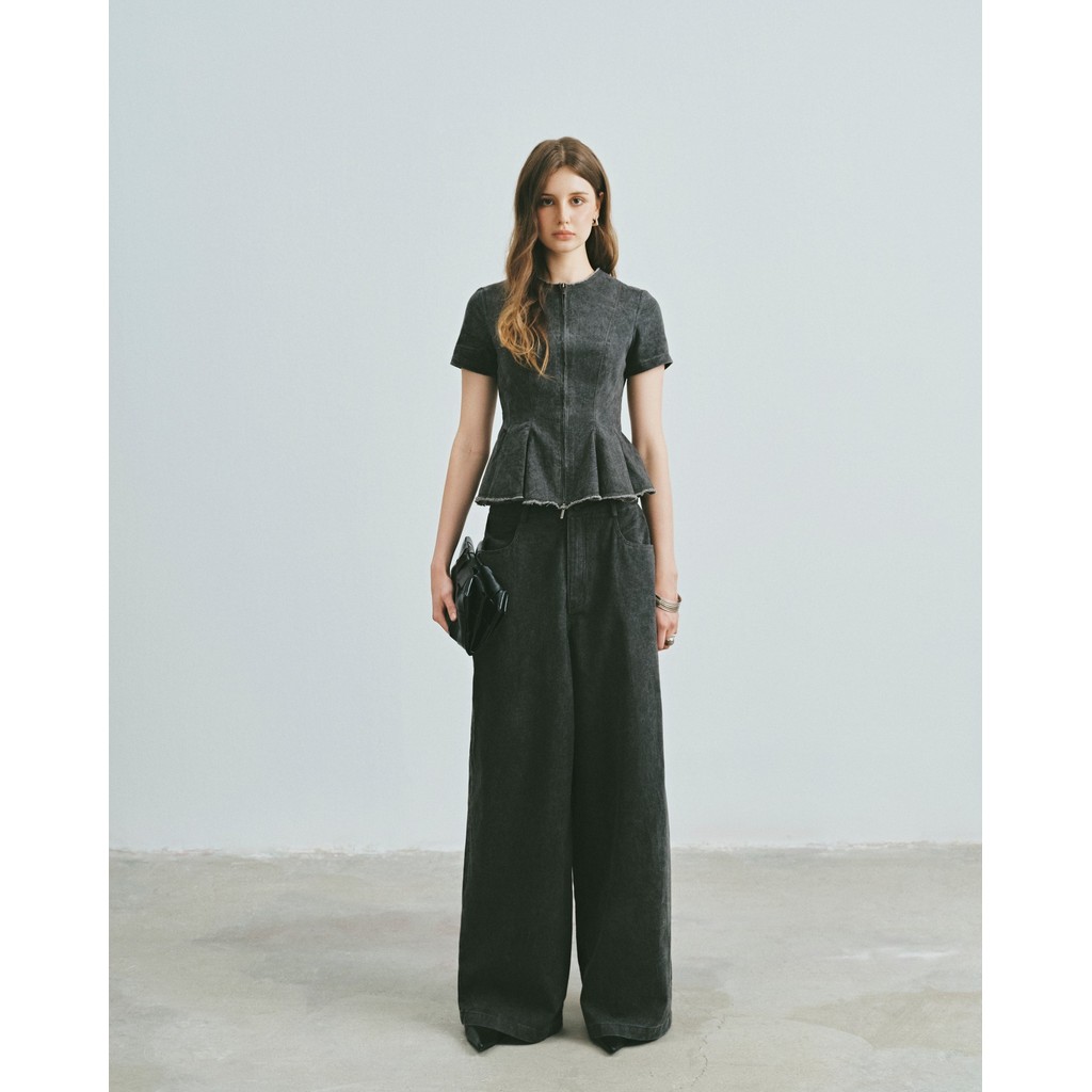   Áo Peplum Ngắn Tay Phối Khóa Quần Denim Ống Rộng Cạp Cao - NINJIA - Y1BW250714 + Y4TW250704 