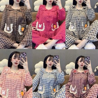   MẪU THU ĐÔNG  Bộ Đồ Ngủ Nữ JUSOKA Pijama Tay Dài Quần Dài Kẻ Caro Cổ Sen Túi Nơ Chất Đũi Nhung Mềm Đẹp Cho Nữ DU18 