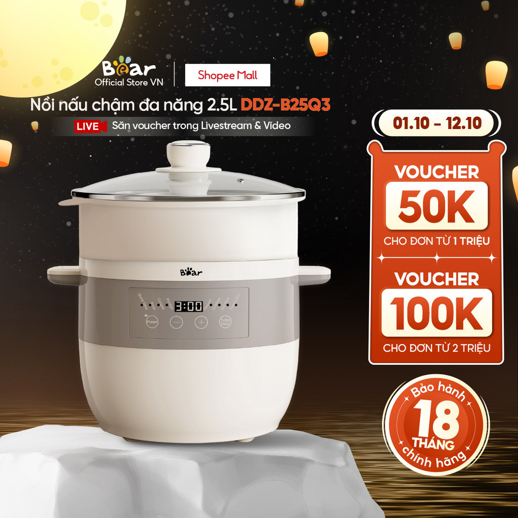 Nồi Nấu Chậm 2.5L Đa Năng Bear DDZ-B25Q3 (KÈM XỬNG HẤP) - Hàng Chính Hãng