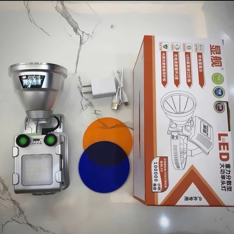 Đèn pin đội đầu siêu sáng XJ9158 chiếu xa 1000m, tích điện 12 giờ, đổi 3 màu tặng kèm dây đeo