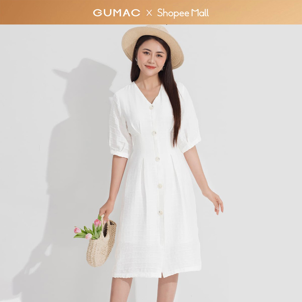 Đầm cổ v phối nút GUMAC DD05056
