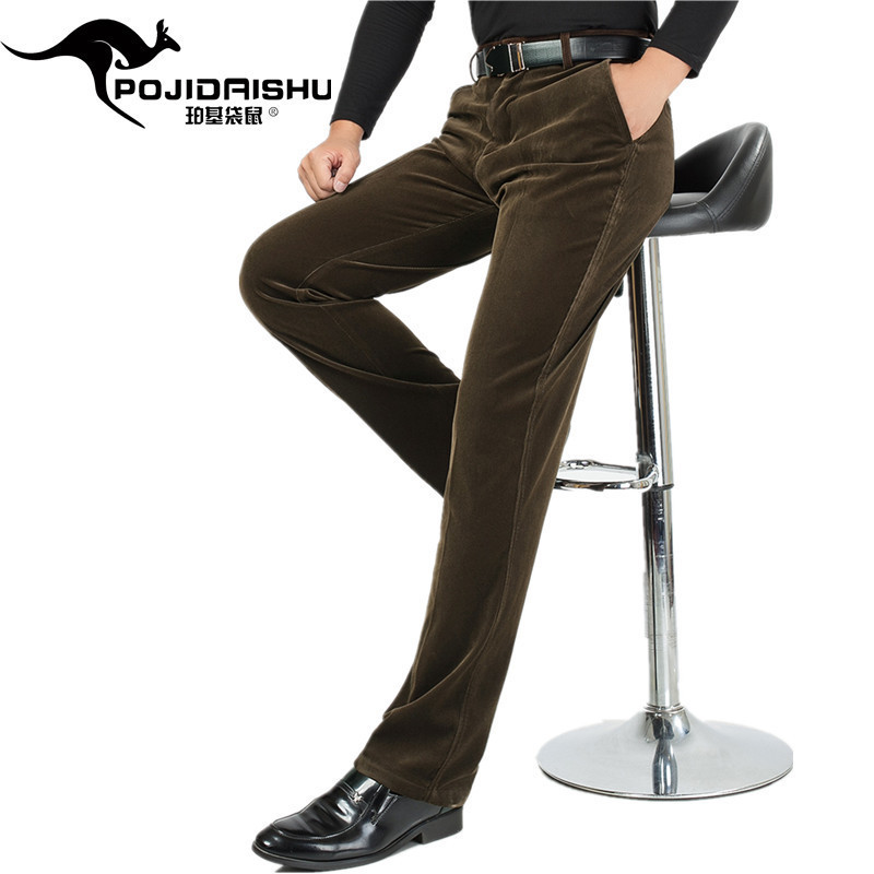 Poki Kangaroo Thu Đông Dày Nam Sọc Quần Lông Cừu Nam Quần Âu Corduroy Trung Niên Nam Eo Cao Bố Mặc