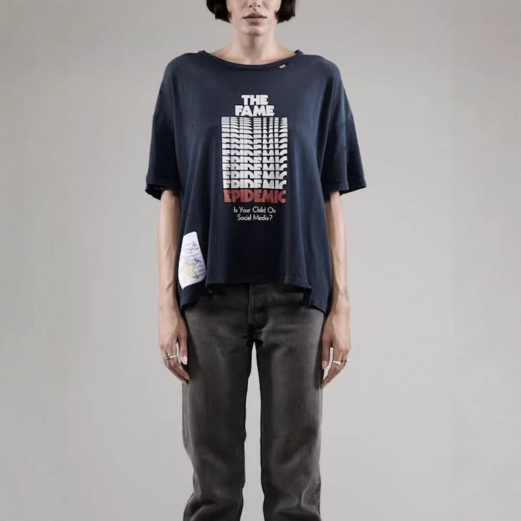 MQQA Paly Hollywood Repeated logo letter print, washed and distressed short-sleeve American casual s