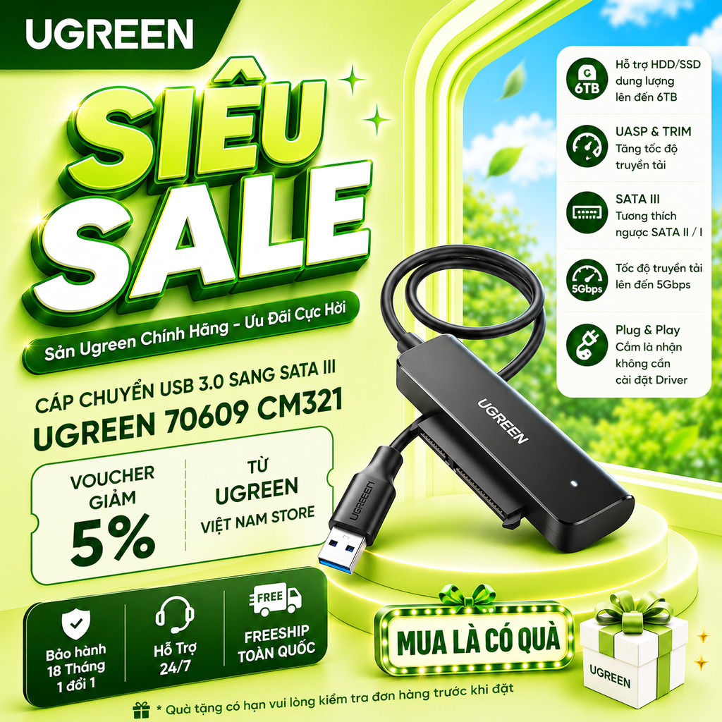 Cáp Chuyển USB 3.0 Sang SATA III Ugreen 70609 CM321 Chipset ASM1153E HDD/SSD 2.5" 5Gbps UASP