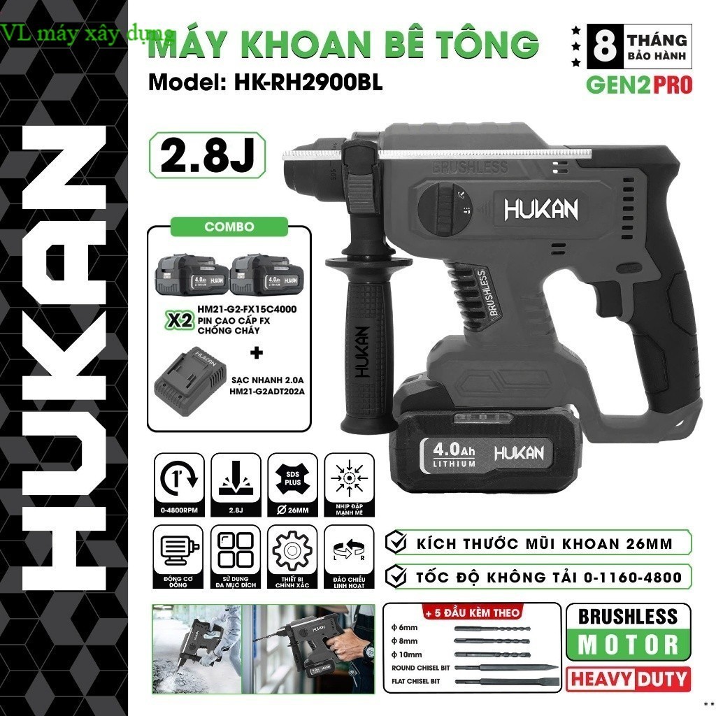 Máy khoan đục bê tông pin HUKAN HK-RH2900BL, Không chổi than 3 Chức năng 2.8J, mẫu mới VL Máy dekton